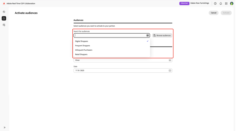 Der Workflow für die Zielgruppenaktivierung mit hervorgehobener Dropdown-Liste und hervorgehobenen Optionen zum Durchsuchen von Zielgruppen.