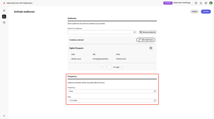 Der Workflow zur Zielgruppenaktivierung mit hervorgehobenem Abschnitt „Häufigkeit“.
