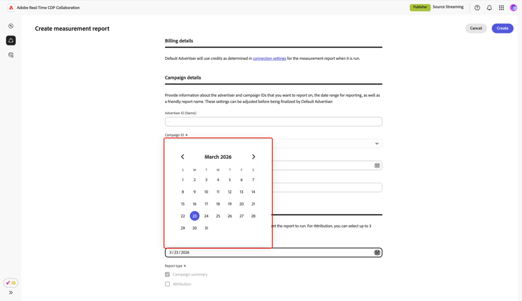 Der Bildschirm Messbericht erstellen zeigt den Kalender des Ausführungsdatums des Berichts.