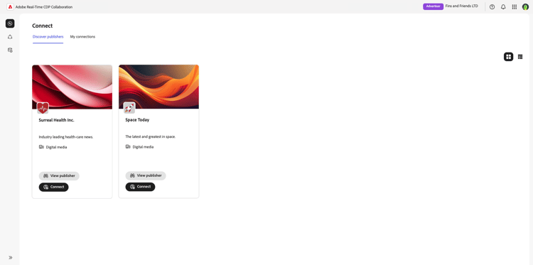 Das Dashboard „Publisher entdecken“ im Arbeitsbereich „Verbinden“.