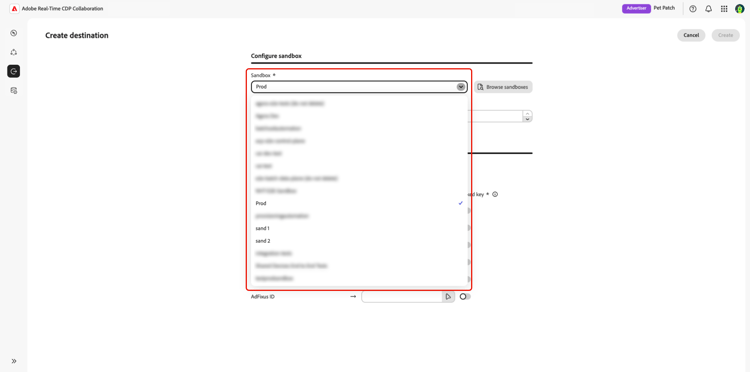 Das hervorgehobene Dropdown-Menü „Sandbox“ im Workflow „Ziel erstellen“.
