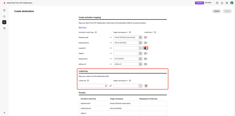 Die Option und der Abschnitt „Verknüpfter Schlüssel“, die im Workflow zum Erstellen eines Ziels hervorgehoben sind.