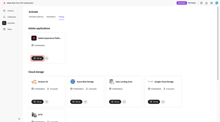 Die Registerkarte „Katalog“ mit hervorgehobenen Ziel-Provider-Karten und der hervorgehobenen Adobe Experience Platform-Karte.