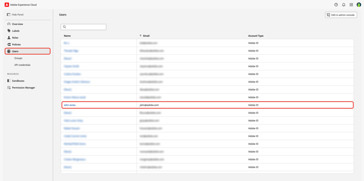 Dashboard „Berechtigungen“ mit angezeigtem Arbeitsbereich „Benutzer“ und hervorgehobenem Benutzer.