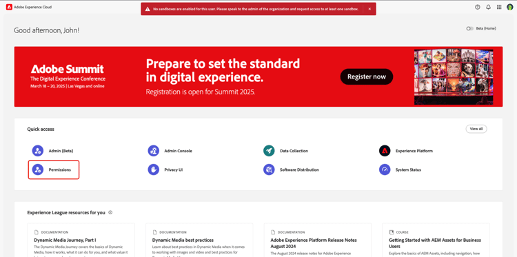 Experience Cloud mit einer Warnmeldung und hervorgehobenen Berechtigungen.