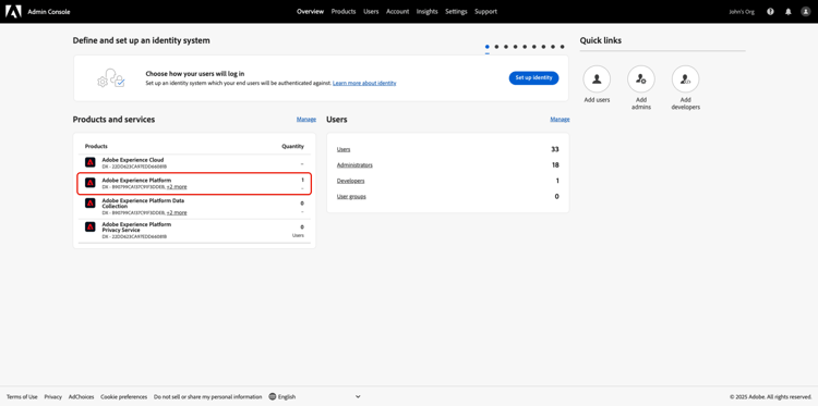 Admin Console mit hervorgehobenem Adobe Experience Platform-Produkt.