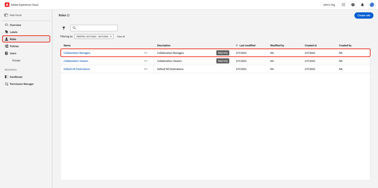 Das Dashboard „Berechtigungen“ mit angezeigtem Arbeitsbereich „Rollen“ und hervorgehobener Rolle.