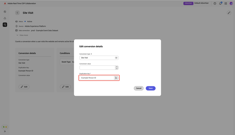 Das Dialogfeld „Konversionsdetails bearbeiten“ mit hervorgehobener Option „Beispiel-Personen-ID“.