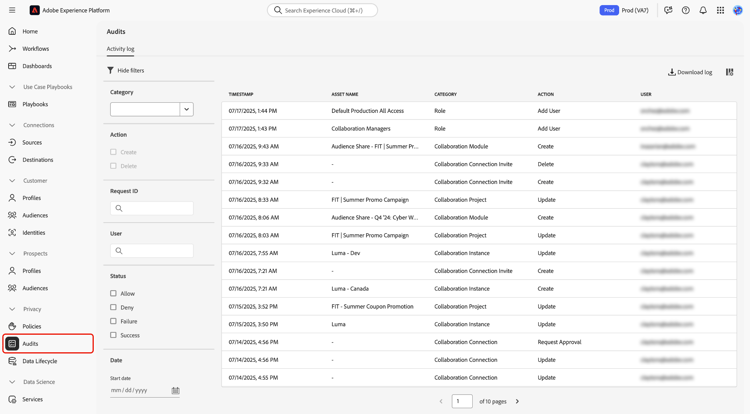 Zugreifen auf Auditprotokolle über Experience Platform.