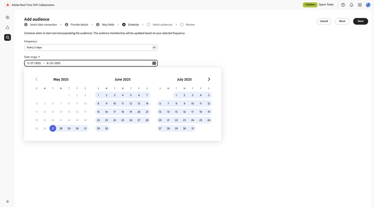 Die Option Zielgruppen hinzufügen im Planungsarbeitsbereich mit Datumsbereich wird angezeigt.