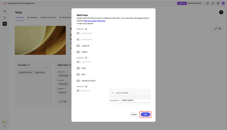 The Match keys dialog with the Save option highlighted.