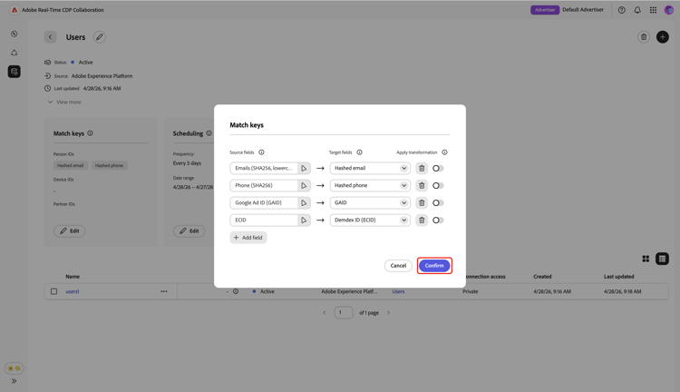 The Match keys dialog showing the updated field mapping with the Confirm option highlighted.
