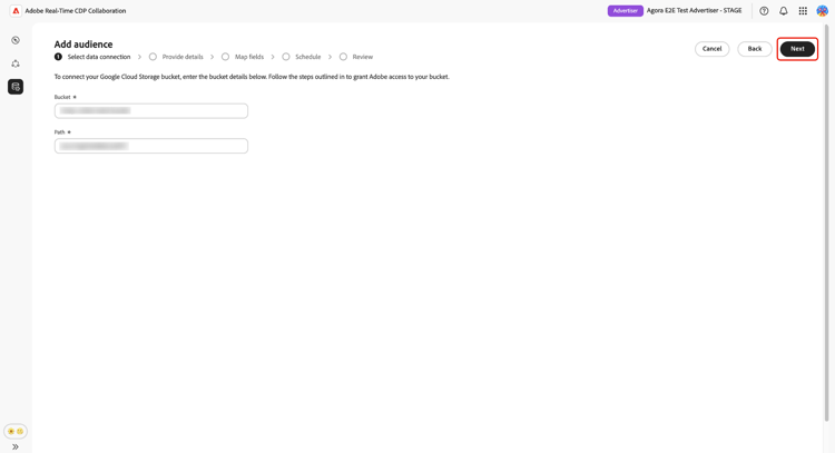 Der Workflow „Zielgruppe hinzufügen“, der das Authentifizierungsformular für den Google Cloud-Speicher mit den Feldern Behältername und Ordnerpfad sowie die Schaltfläche Weiter anzeigt.