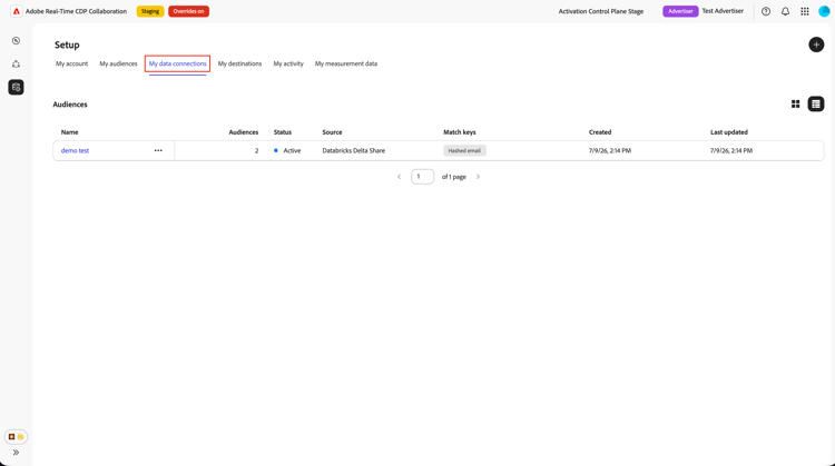 Die Registerkarte „Meine Datenverbindungen“, auf der die Databricks Delta Share Datenverbindung mit Informationen zum Beschaffungsstatus angezeigt wird.