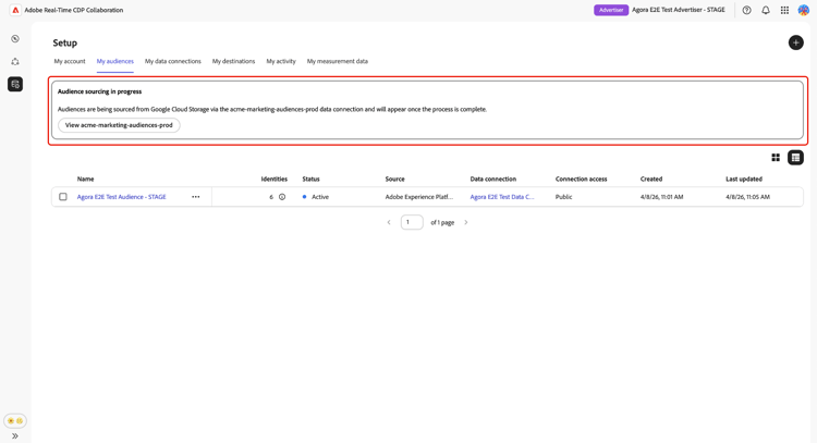 Richten Sie Workspace auf der Registerkarte „Meine Zielgruppen“ ein, das das Banner „Zielgruppenbeschaffung läuft“ anzeigt, das angibt, dass Zielgruppen von einer Google Cloud Storage-Datenverbindung bezogen werden, wobei die Zielgruppenliste unten angezeigt wird.