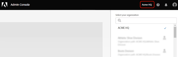 Admin Console Wählen Sie Ihre Organisation