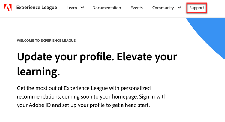 Registerkarte „Experience League-Support“