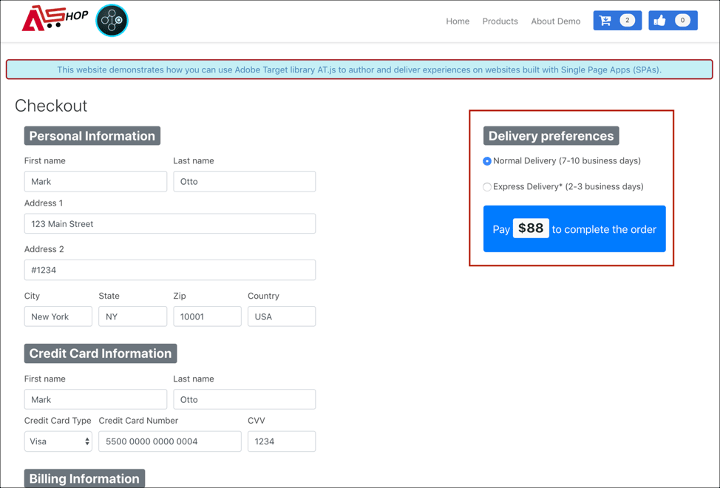 Beispielbild einer Single Page Application Checkout-Seite in einem Browser-Fenster.