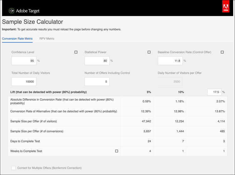 Adobe Target-Stichprobengrößenrechner