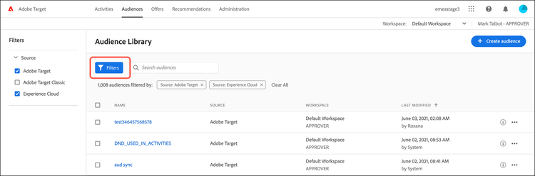 Filteroption im Zielgruppen Liste