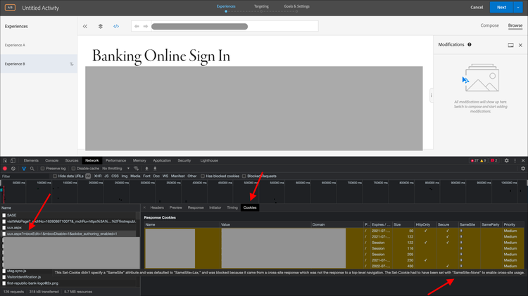 Entwicklertools > Registerkarte Netzwerkmit einem blockierten Cookie