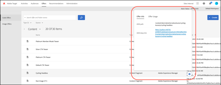 Popup mit Informationen zu Inhaltsfragmenten