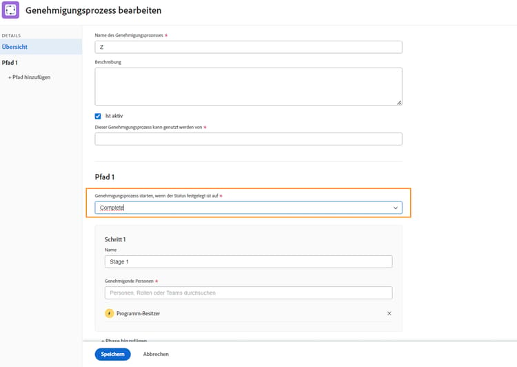 Genehmigungsprozess bearbeiten mit hervorgehobenem Statusfeld