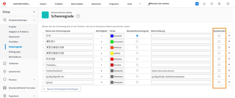 Ausblenden auf der Seite Schweregrad in Setup