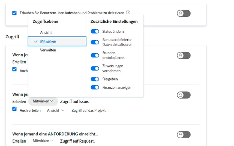 Zugriff, in dem die Option Mitwirken zu sehen ist