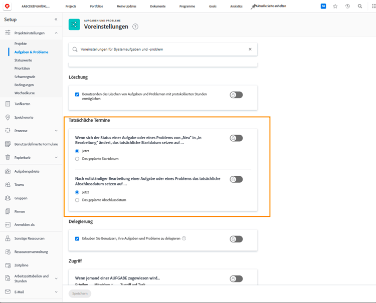 Aufgaben und Probleme, mit Hervorhebung des Abschnitts Tatsächliche Datumswerte