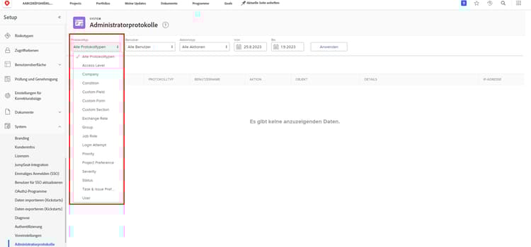 Protokolltyp auf der Seite Administratorprotokolle unter Setup