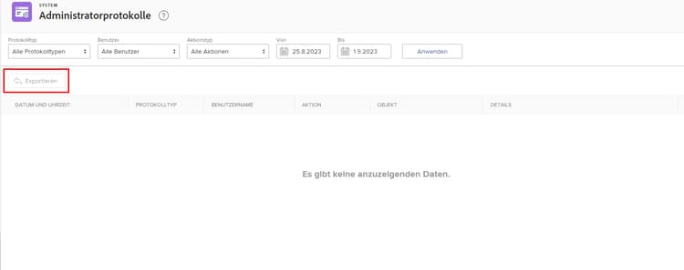 Exportieren auf der Seite Administratorprotokolle