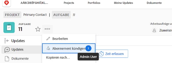 Aufgabenmenü mit Anzeige, wer abonniert hat