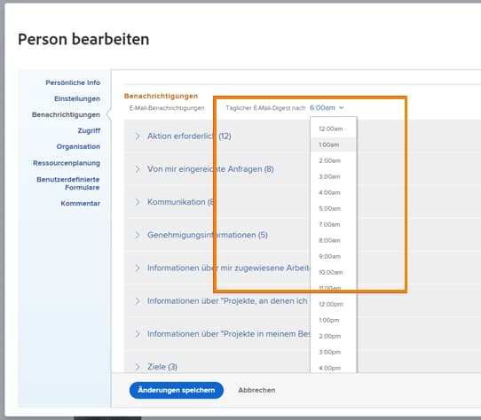 Täglicher E-Mail-Digest nach im Fenster Person bearbeiten