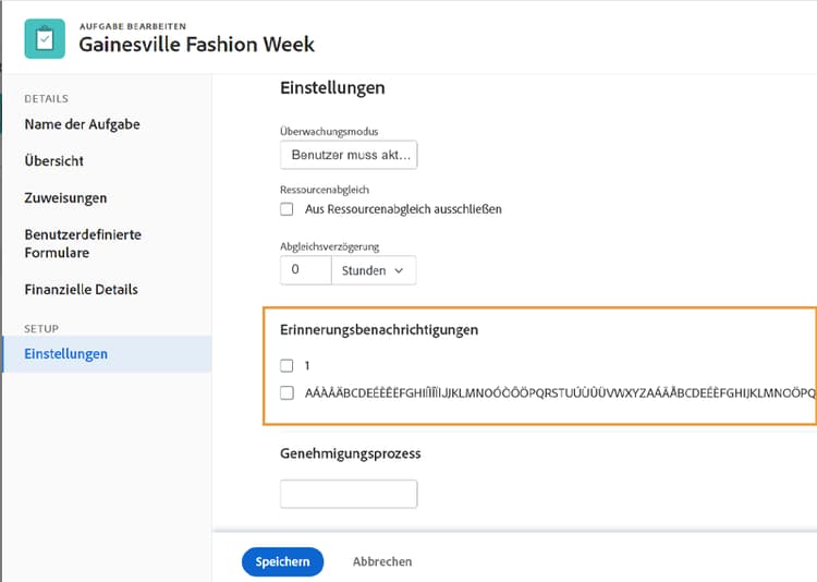 Erinnerungsbenachrichtigung im Fenster Aufgabe bearbeiten