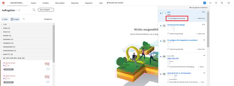 Ankündigung in der Nachrichtenliste unter dem Benachrichtigungssymbol