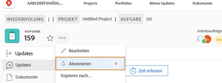 Abbonieren im Aufgabenmenü