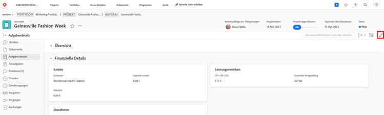 Fenster „Aufgabendetails“ mit einem benutzerdefinierten Formular, das bearbeitet wird