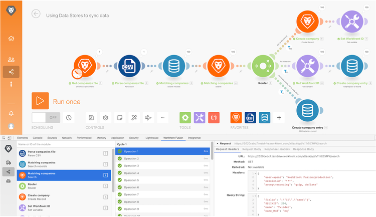 Ein Bild eines Fusion-Szenarios und des Entwickler-Tools