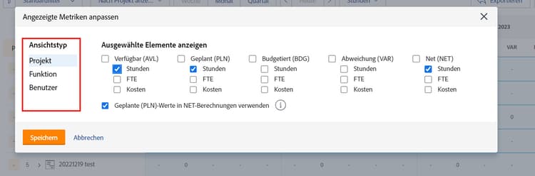 Optionen zum Anzeigen von Typen