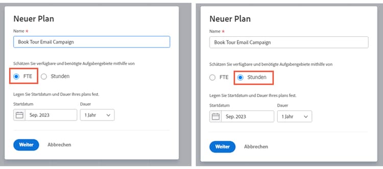 Wählen Sie FTE oder Stunden im Fenster Neuer Plan