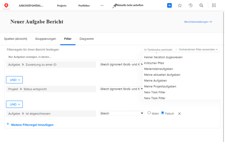 Ein Screenshot des Bildschirms zum Erstellen von Filtern in einem Aufgabenbericht