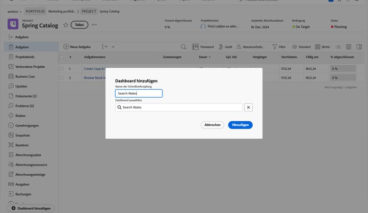 Ein Screenshot des Bildschirms zum Erstellen eines neuen Dashboards