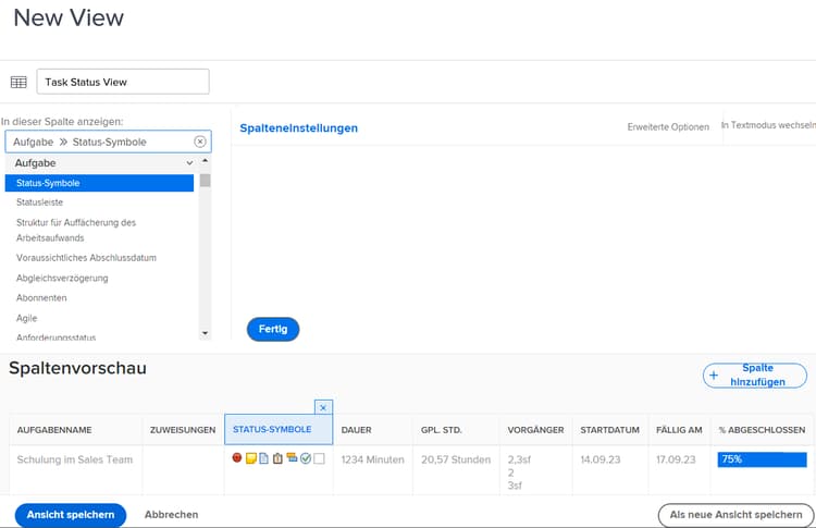 Ein Screenshot des Bildschirms zum Erstellen einer Aufgabenstatusansicht