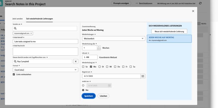 Ein Screenshot des Bildschirms zum Einrichten wiederkehrender Berichtssendungen