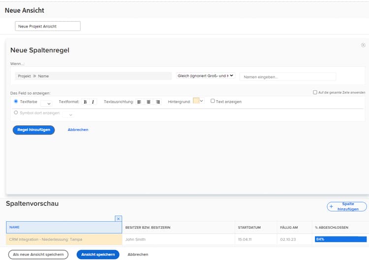 Ein Screenshot des Bildschirms zum Erstellen einer neuen Spaltenregel