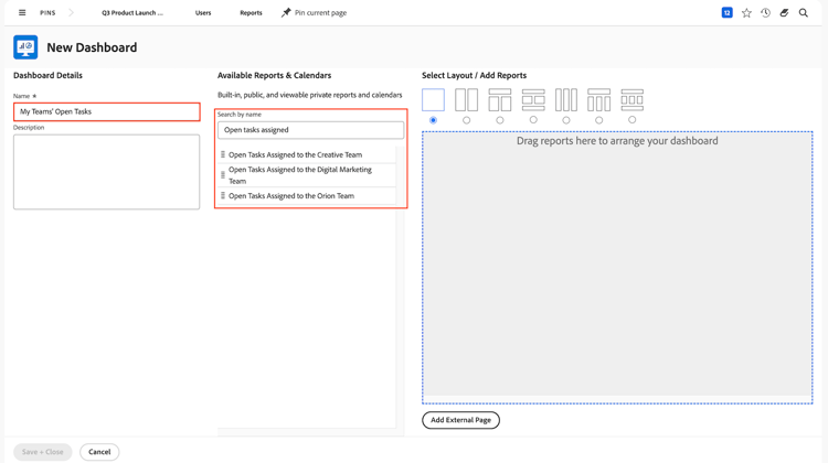 Ein Bild des Dashboard-Layout-Bildschirms