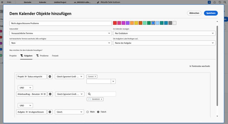 Ein Screenshot des Bildschirms zum Hinzufügen von Elementen zu einem Kalender