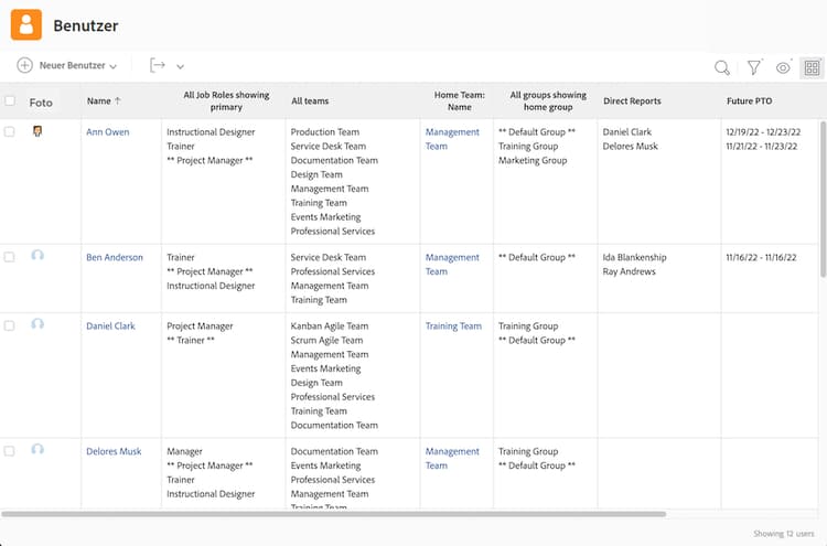 Ein Screenshot mit der Listenansicht „Benutzer“