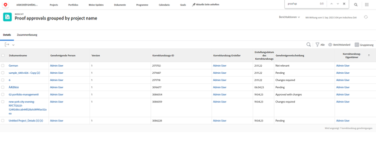 Ein Screenshot mit Korrekturabzug-Genehmigungen, die nach Projektname gruppiert sind